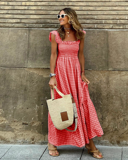 Plaid Ruffled-sleeve Smocked Maxi Dress