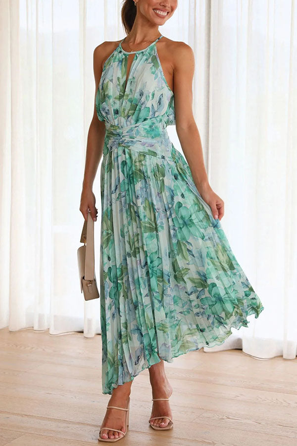 Aqua Print Halter Cutout Neck Pleated Maxi Dress