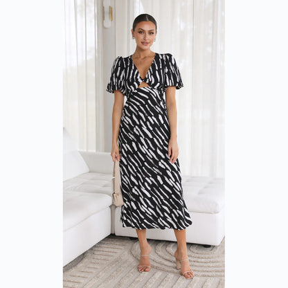 Printed V-neck A-line Midi Dress for a Fresh Style
