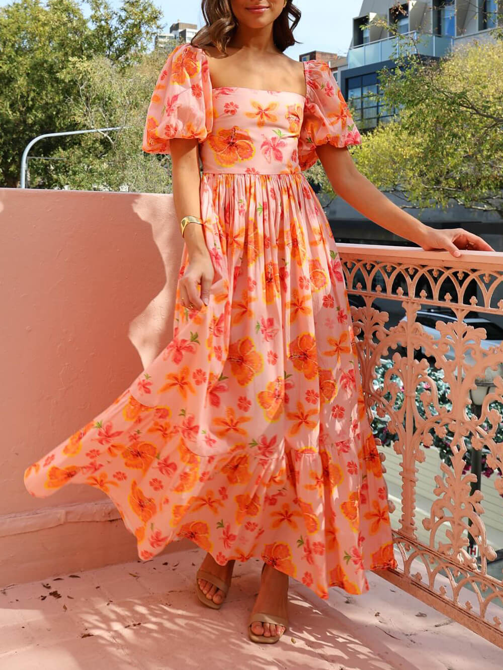 Puff Sleeve Print Back Smocked Pocket Maxi Dress
