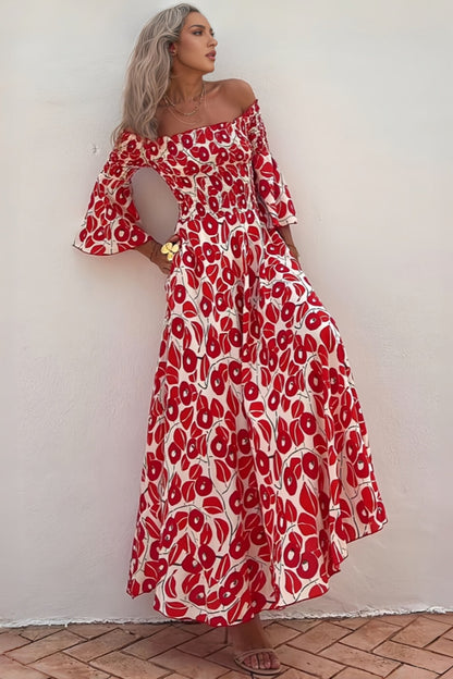 Elerie Print Smocked Off Shoulder Maxi Dress