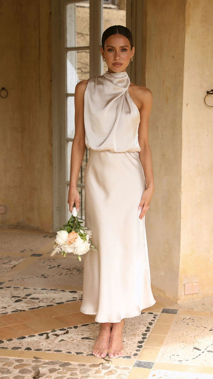 Curve Satin Ruched Halter Neck Maxi Dress in Orchid