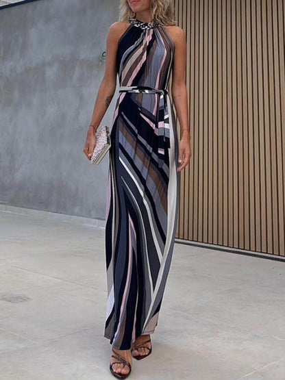 Loose Halterneck Striped Gradient Print Maxi Dress