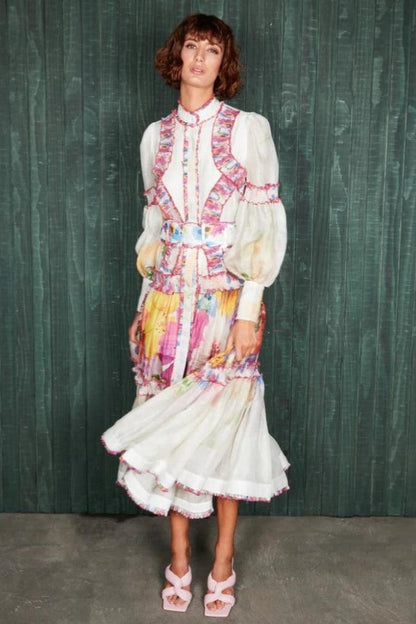 Lantern Sleeve Stand Collar Frill Midi Dress With Belt