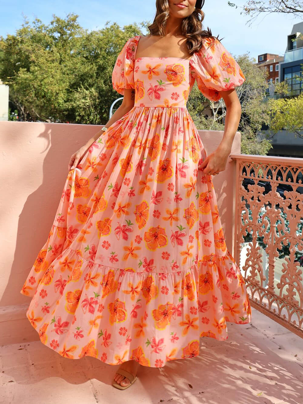 Puff Sleeve Print Back Smocked Pocket Maxi Dress