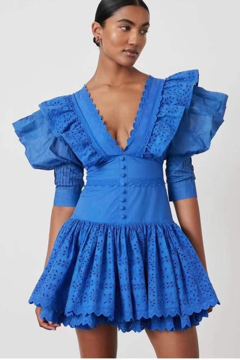 Lace V-neck Frill Mini Dress
