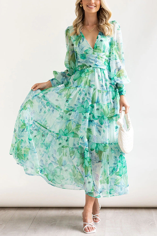 Painted Inspiration Balloon Sleeves Maxi Dress