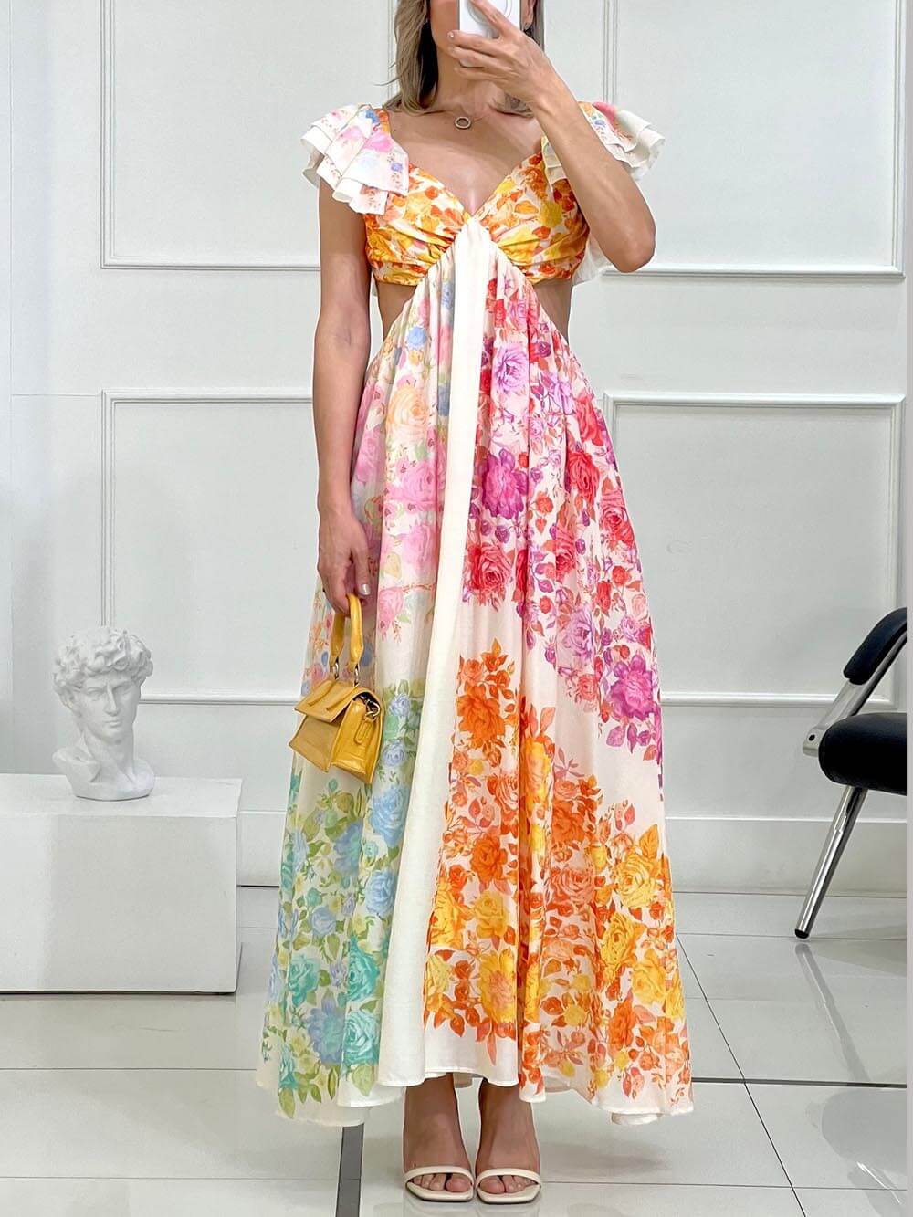 Frill Cutout Back Tie-up Maxi Dress