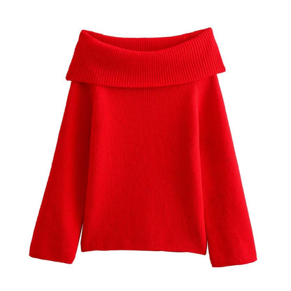 Off Shoulder Cropped Knitted Pullover Slash Neck Long Sleeve Female Sweater Autumn Lady Loose Jumpers Knit