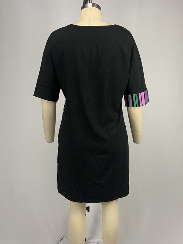 A-line Half Sleeves Asymmetric Contrast Color Striped Round-neck Mini Dresses
