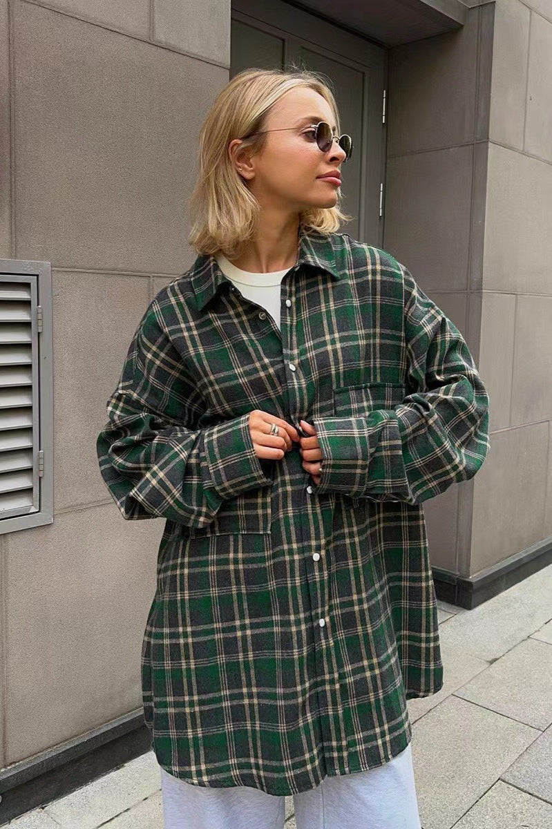 American Plaid Double-pocket Mid-length Blouse