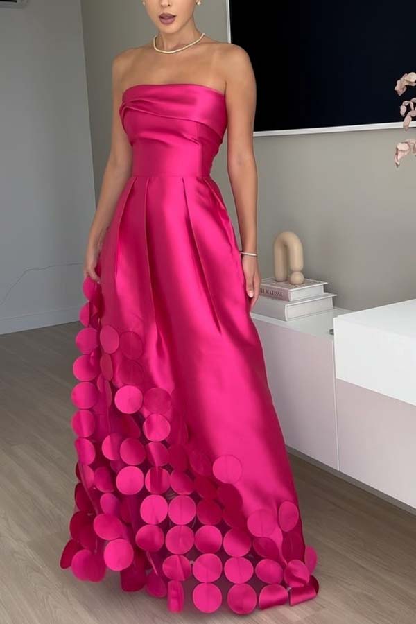 Luxurious Poise Satin Spliced Mesh Polka-dot Fabric Off Shoulder Formal Maxi Dress