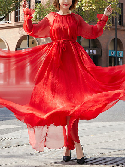 Long Sleeves Loose Falbala Gauze Pleated Color Tied Waist Round-neck Maxi Dresses