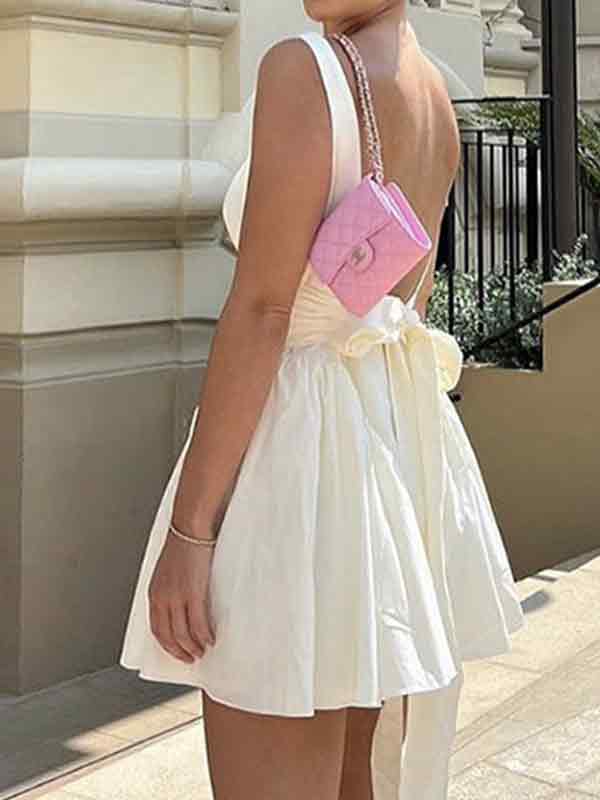 French Backless Lace Up Mini Dress With Tie Back