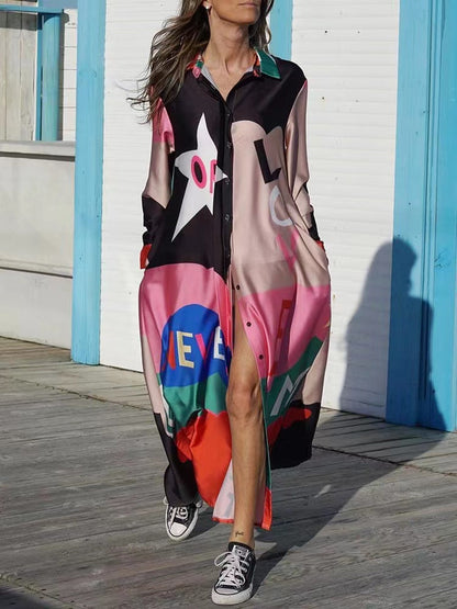 New Long Sleeve Printed Shirt Long Dress Positioning Flower