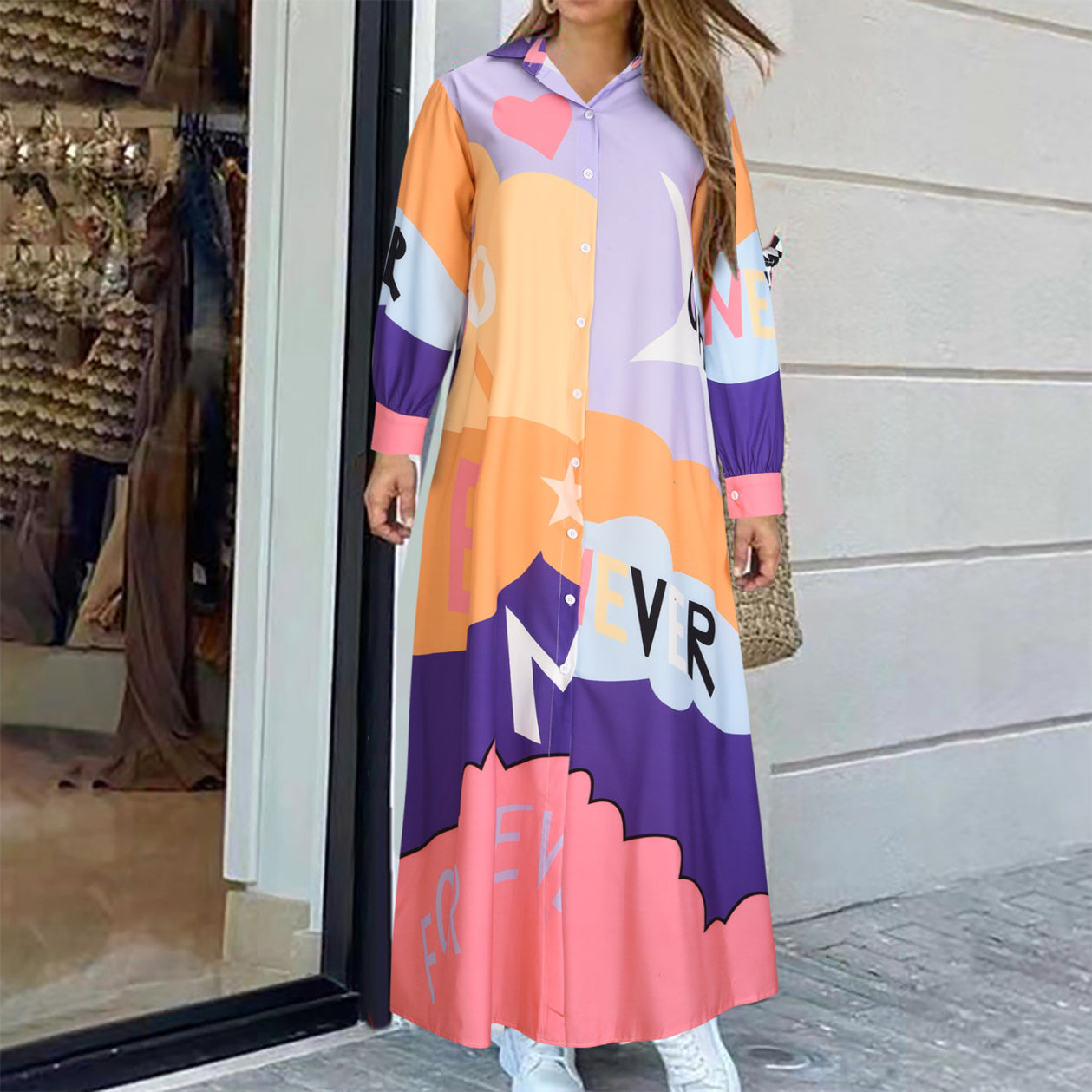 New Long Sleeve Printed Shirt Long Dress Positioning Flower