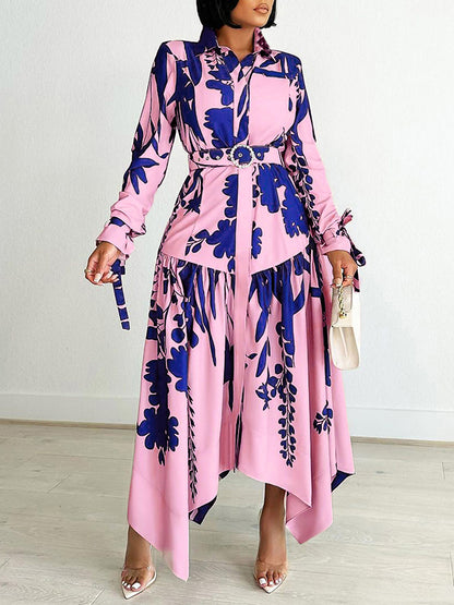 Irregular Clipping Long Sleeves Lace-up Pleated Printed Split-joint Tied Waist Lapel Maxi Dresses Shirt Dress