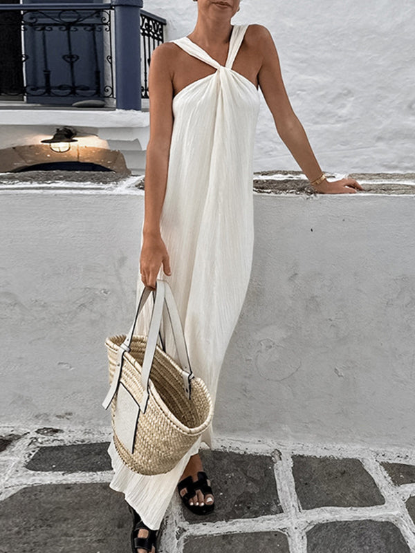 Loose Sleeveless Pleated Color Spaghetti-neck Maxi Dresses