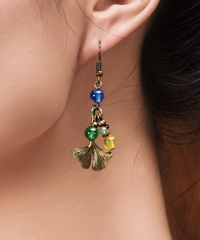 Multi Agate Ginkgo Leaf Made of Copper Drop Earrings