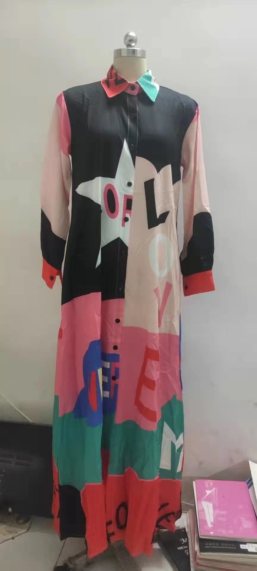 New Long Sleeve Printed Shirt Long Dress Positioning Flower