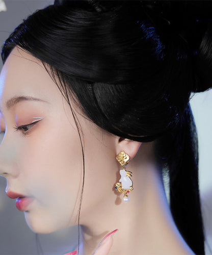 Stylish Yellow Sterling Silver Overgild Jade Pearl Xiangyun the Jade Hare Drop Earrings