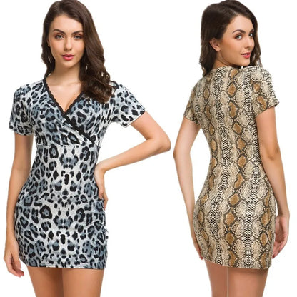 Leopard Print Slim Mini Dresses V-neck Lace Patchwork Package Hip Bodycon Dress Vestidos