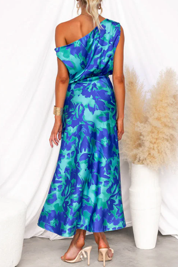 One Shoulder Tie Waist Slit Print Maxi Dress