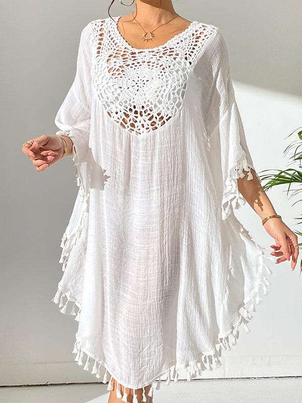 Batwing Sleeves Loose Hollow Color Sun Protection Tasseled Round-neck Cover-ups Tops Midi Dresses