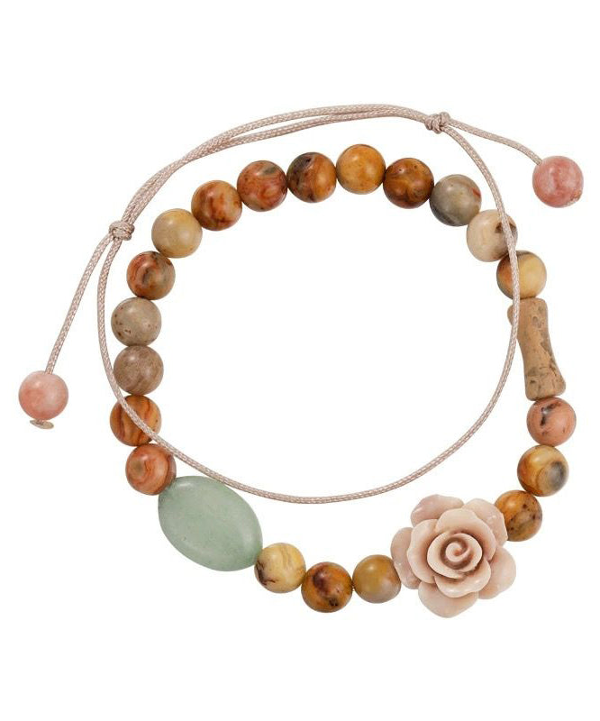 Unique Hand Knitting Rose Beading and Gem Stone Two Piece Set Bracelet