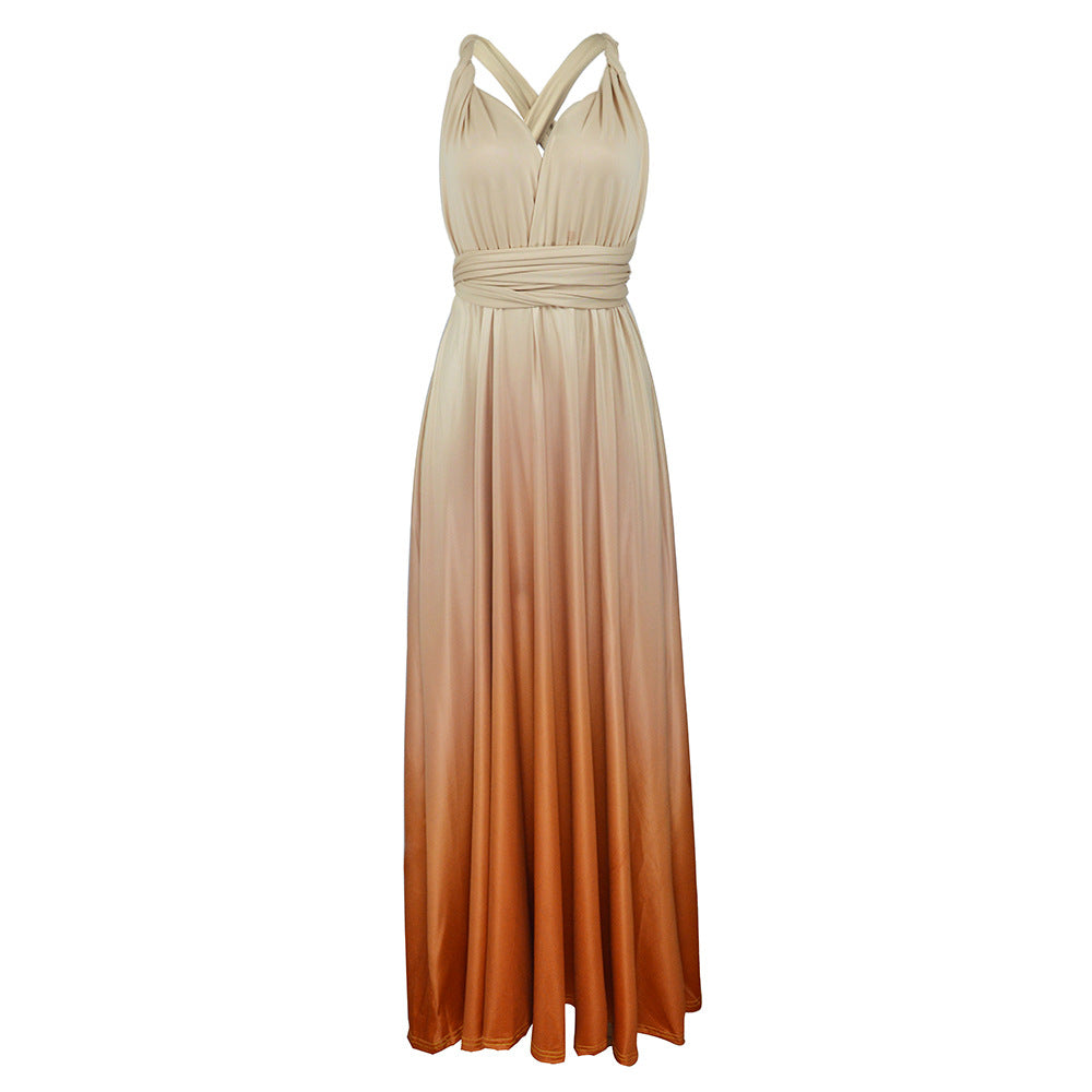 Wear More Wear Criss Cross Backless Lace-up Gradient Color Maxi Dress