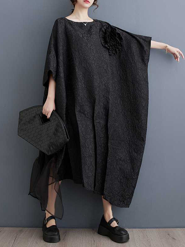 Batwing Sleeves Loose Asymmetric Flower Shape Gauze Jacquard Pleated Color Split-joint Round-neck Midi Dresses