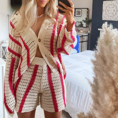 Autumn Sweet Striped Hollow Out Cutout Two Piece Knitted Cardigan Coat