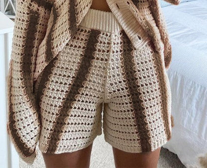 Autumn Sweet Striped Hollow Out Cutout Two Piece Knitted Cardigan Coat