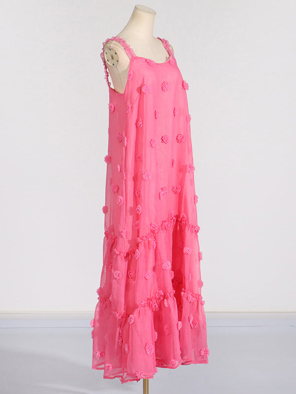 A-line High Waisted Layered Pleated Split-joint Three-dimensional Flower Spaghetti-neck Maxi Dresses