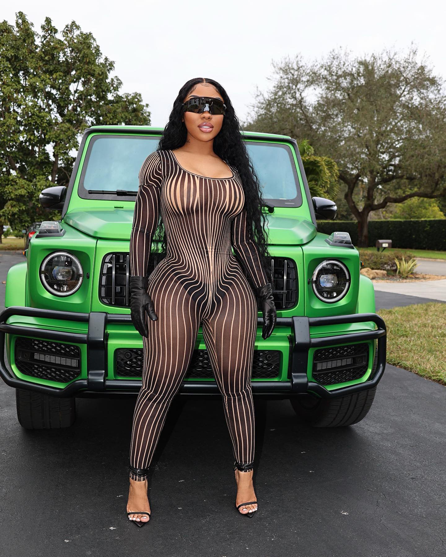 Clothing Square Collar Positioning Printing Nightclub Sheer Mesh Jumpsuit