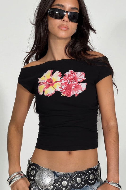 Off Shoulder Print Crop T-shirt