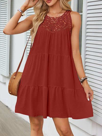 A-line Loose Hollow Pleated Color Split-joint Round-neck Mini Dresses