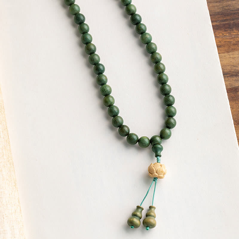 108 Wood Mala Beads Bracelet Green Sandalwood Lotus Beads
