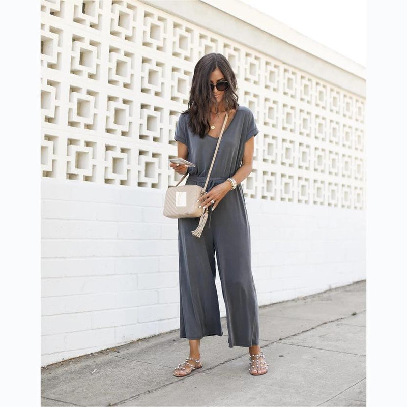 Spring Summer Elastic Waist V Neck Wide Leg Jumpsuit for