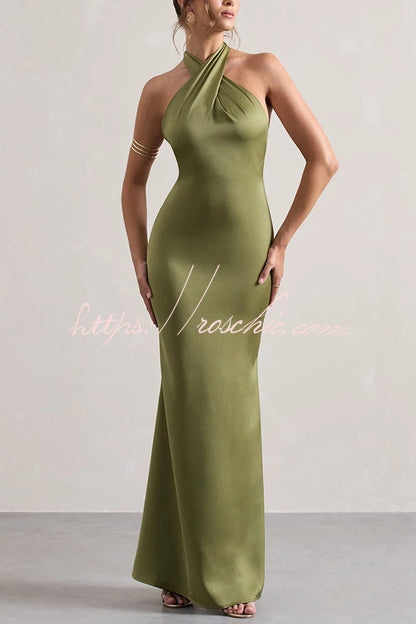Color Halter Neck Tie Backless Slim Maxi Dress