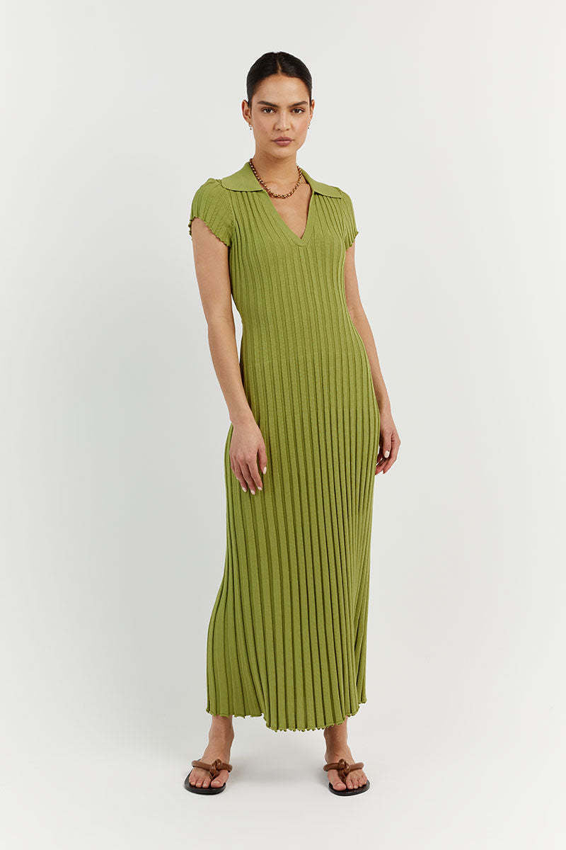 Spring Summer Knitted Dress Waist Tight Collared V Neck Sunken Stripe Slimming Knitted Maxi Dress