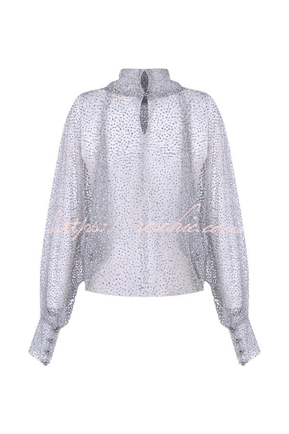Wear Tool Glitter Decoration Mesh High Neck Lantern Sleeve Blouse