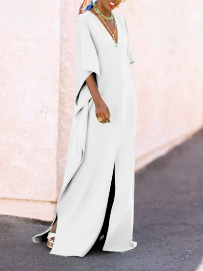 Batwing Sleeves Loose Color Split-side V-neck Maxi Dresses