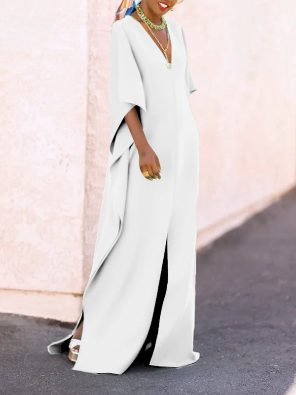 Batwing Sleeves Loose Color Split-side V-neck Maxi Dresses
