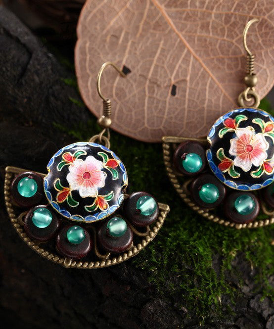 Retro Green Jade Patchwork Drop Earrings