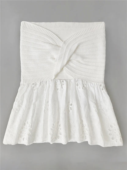 White Tube Top Knit Twist Crop Top Lace Mesh Strapless Corset Top Korean Chiffon Blouse