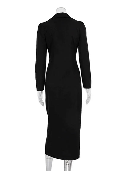 Black Zipper Lapel Maxi Dress for Cardigan Patchwork Slim High Waist Dress