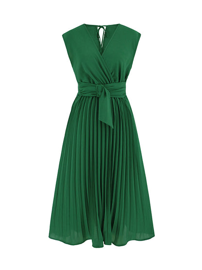 Sleeveless Pleated Color Tied Waist V-neck Midi Dresses
