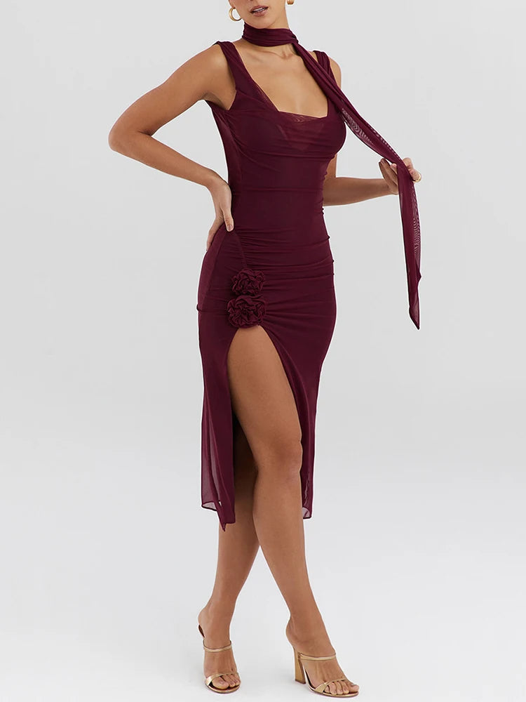 Flower High Split Midi Dress for Two Layer Mesh Sleeveless Backless Bodycon Club Dress Party Outfits