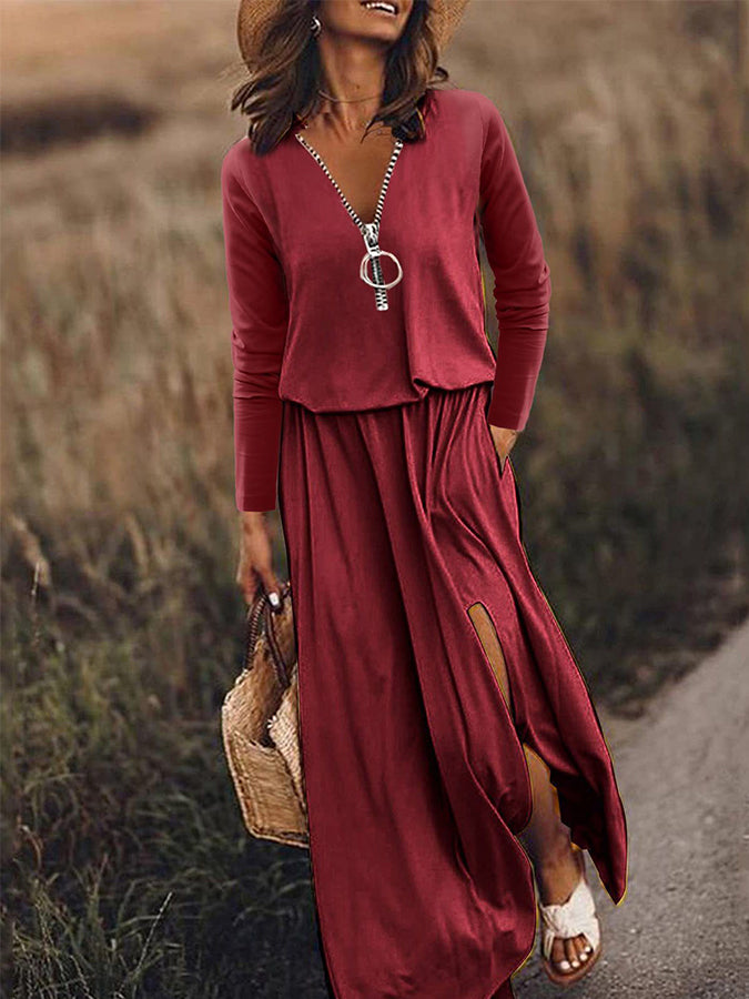 Long Sleeves V Neck Maxi Dress